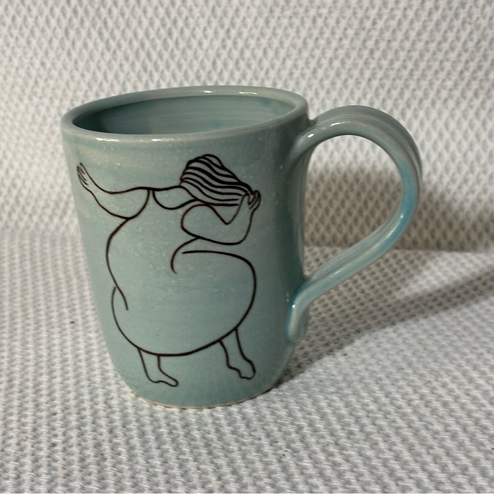 UNZUM Quesnel Quebec Artistic Celadon Ceramic Mug with Dancing Woman 14 oz